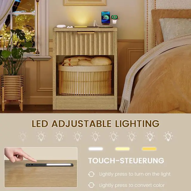 Alt view image 3 of 7 - Fluted Nightstands Set of 2, Bed Side Table with Charging Station and LED Light, Night Stand with Storage Drawer and Open Shelf, End Table for Small Space, Bedroom, Natural