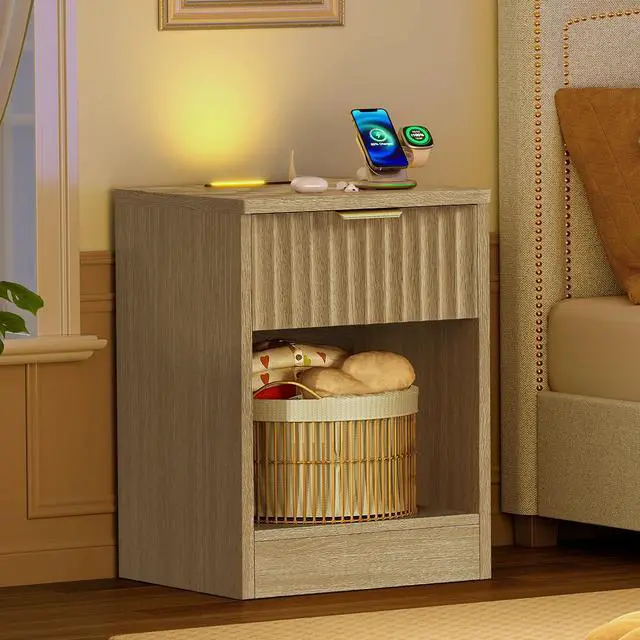Alt view image 2 of 7 - Fluted Nightstands Set of 2, Bed Side Table with Charging Station and LED Light, Night Stand with Storage Drawer and Open Shelf, End Table for Small Space, Bedroom, Natural