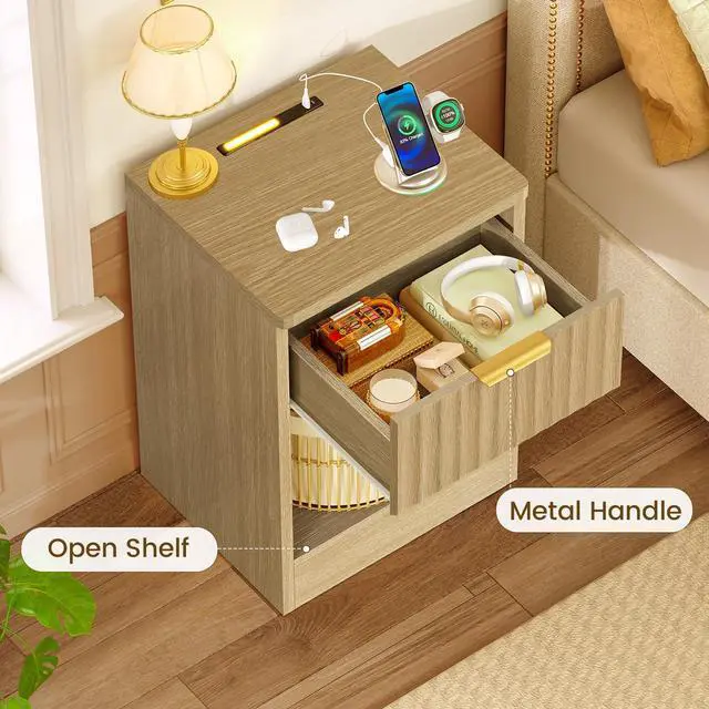 Alt view image 4 of 7 - Fluted Nightstands Set of 2, Bed Side Table with Charging Station and LED Light, Night Stand with Storage Drawer and Open Shelf, End Table for Small Space, Bedroom, Natural