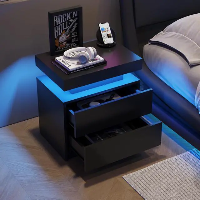Alt view image 4 of 6 - LED Nightstand with 2 Drawers Modern Night Stand with LED Lights Night Stands for Living Room,Bedroom
