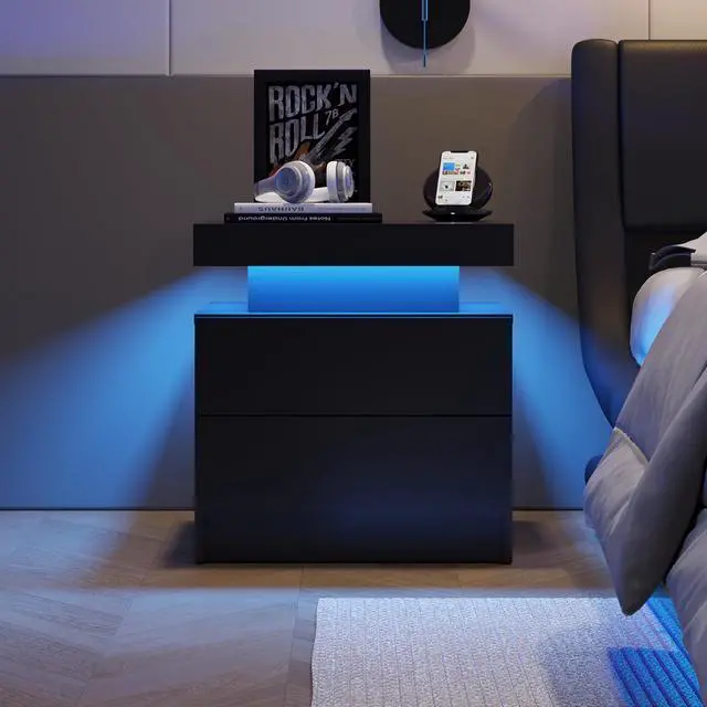 Alt view image 2 of 6 - LED Nightstand with 2 Drawers Modern Night Stand with LED Lights Night Stands for Living Room,Bedroom