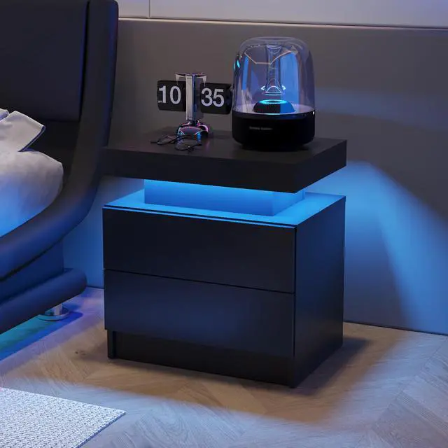 Alt view image 3 of 6 - LED Nightstand with 2 Drawers Modern Night Stand with LED Lights Night Stands for Living Room,Bedroom