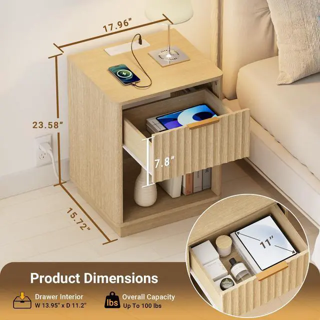 Alt view image 2 of 7 - Fluted Nightstand, Modern Night Stand, Nightstand with Charging Station, Wooden End Table with Drawer & Open Shelf, Bedside Table for Bedroom Sofa Home Office, Curved Corners, Natural Oak