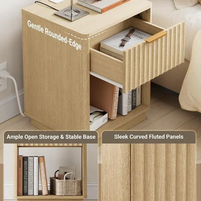 Alt view image 4 of 7 - Fluted Nightstand, Modern Night Stand, Nightstand with Charging Station, Wooden End Table with Drawer & Open Shelf, Bedside Table for Bedroom Sofa Home Office, Curved Corners, Natural Oak