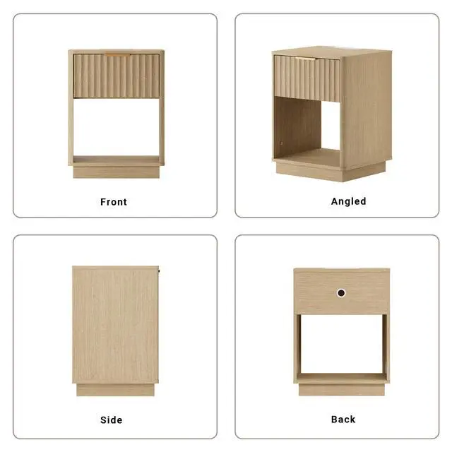 Alt view image 7 of 7 - Fluted Nightstand, Modern Night Stand, Nightstand with Charging Station, Wooden End Table with Drawer & Open Shelf, Bedside Table for Bedroom Sofa Home Office, Curved Corners, Natural Oak