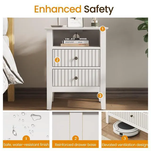 Alt view image 6 of 7 - White Nightstand with Charging Station, Fluted Night Stand for Bedroom, Small Sofa Table with 2 Storage Drawers Cabinet, Wood End Table for Bedroom