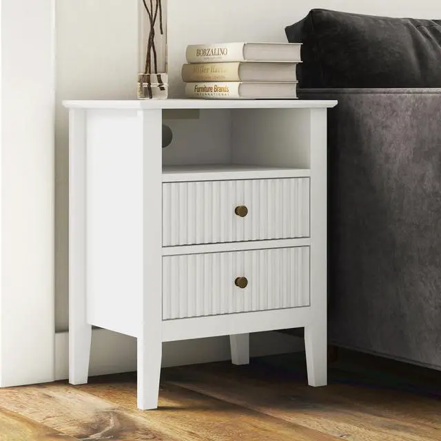 Main image of White Nightstand with Charging Station, Fluted Night Stand for Bedroom, Small Sofa Table with 2 Storage Drawers Cabinet, Wood End Table for Bedroom
