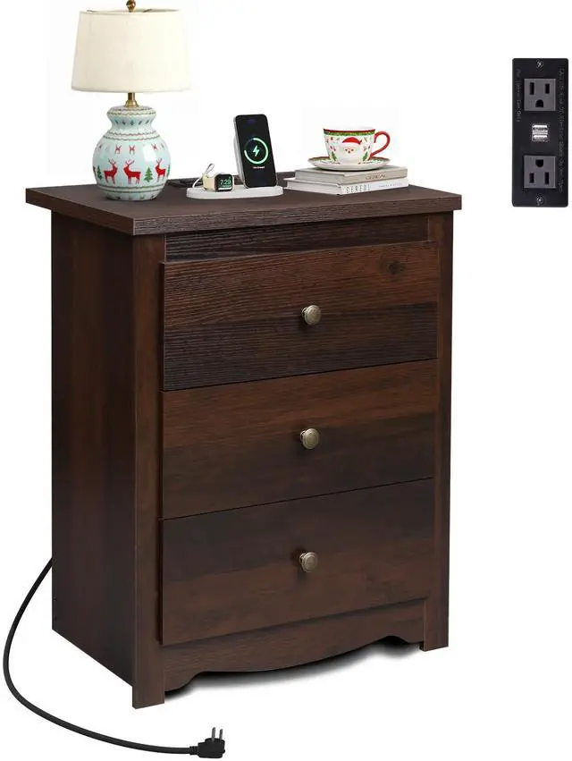Main image of Tall Nightstand with Charging Station, Wood Night Stand with 3 Drawers Storage, Bedside Table End Side Tables with 2 USB Ports and Outlets for Bedroom, Closet, Espresso