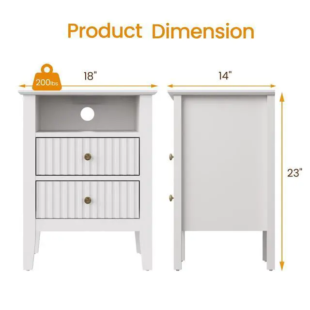 Alt view image 2 of 7 - White Nightstand with Charging Station, Fluted Night Stand for Bedroom, Small Sofa Table with 2 Storage Drawers Cabinet, Wood End Table for Bedroom