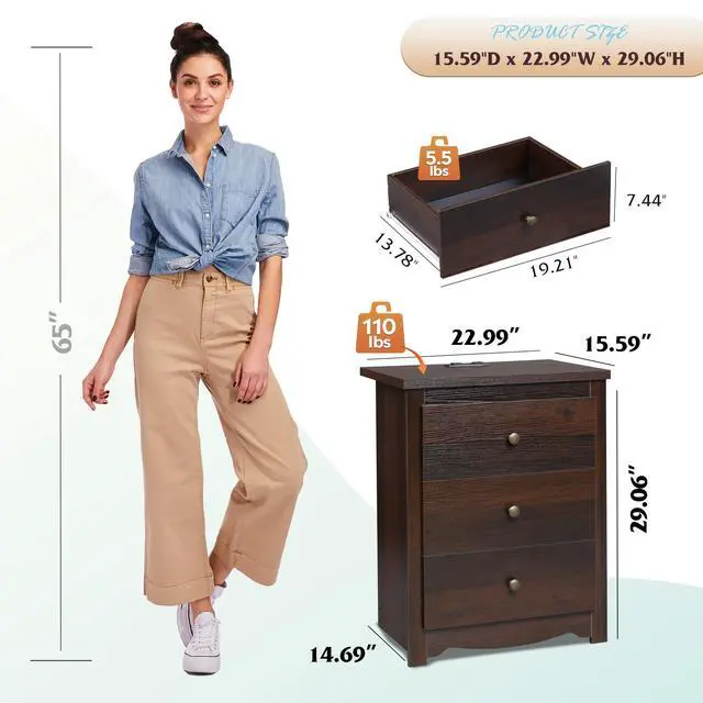 Alt view image 3 of 7 - Tall Nightstand with Charging Station, Wood Night Stand with 3 Drawers Storage, Bedside Table End Side Tables with 2 USB Ports and Outlets for Bedroom, Closet, Espresso