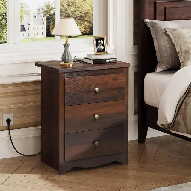 Alt view image 2 of 7 - Tall Nightstand with Charging Station, Wood Night Stand with 3 Drawers Storage, Bedside Table End Side Tables with 2 USB Ports and Outlets for Bedroom, Closet, Espresso