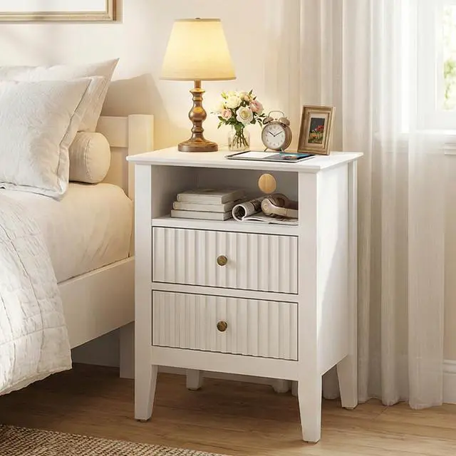 Alt view image 7 of 7 - White Nightstand with Charging Station, Fluted Night Stand for Bedroom, Small Sofa Table with 2 Storage Drawers Cabinet, Wood End Table for Bedroom