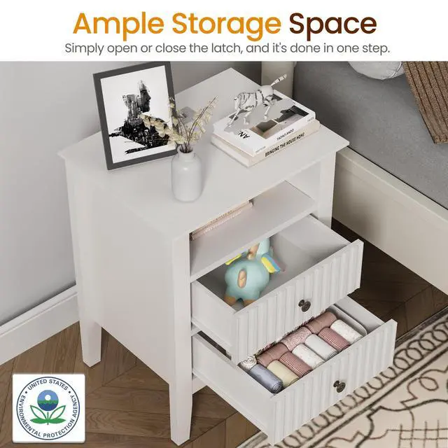 Alt view image 4 of 7 - White Nightstand with Charging Station, Fluted Night Stand for Bedroom, Small Sofa Table with 2 Storage Drawers Cabinet, Wood End Table for Bedroom