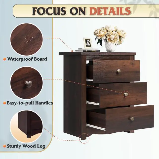 Alt view image 6 of 7 - Tall Nightstand with Charging Station, Wood Night Stand with 3 Drawers Storage, Bedside Table End Side Tables with 2 USB Ports and Outlets for Bedroom, Closet, Espresso