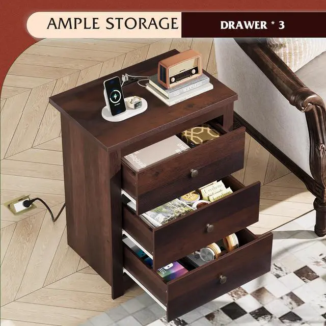 Alt view image 5 of 7 - Tall Nightstand with Charging Station, Wood Night Stand with 3 Drawers Storage, Bedside Table End Side Tables with 2 USB Ports and Outlets for Bedroom, Closet, Espresso