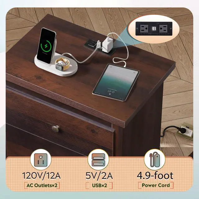 Alt view image 4 of 7 - Tall Nightstand with Charging Station, Wood Night Stand with 3 Drawers Storage, Bedside Table End Side Tables with 2 USB Ports and Outlets for Bedroom, Closet, Espresso