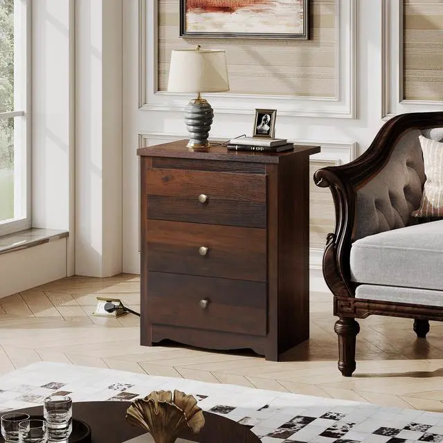Alt view image 7 of 7 - Tall Nightstand with Charging Station, Wood Night Stand with 3 Drawers Storage, Bedside Table End Side Tables with 2 USB Ports and Outlets for Bedroom, Closet, Espresso