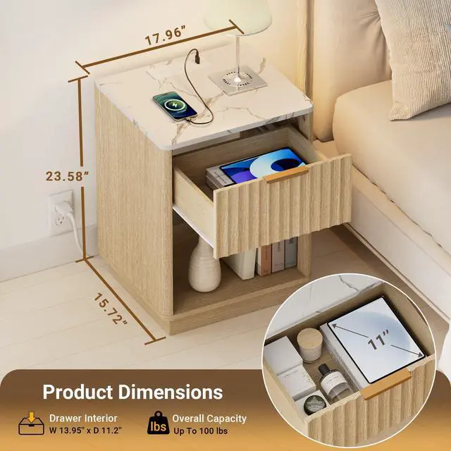 Alt view image 2 of 7 - Fluted Nightstand, Modern Night Stand, Nightstand with Charging Station and Faux Marble Top, Wood End Table w/Storage, Bedside Table for Bedroom Sofa Home Office, Curved Corners,Natural Oak