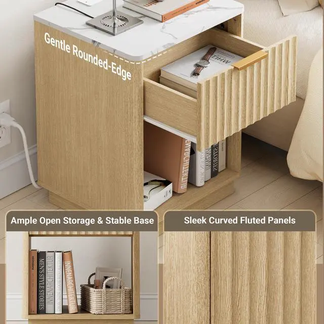 Alt view image 5 of 7 - Fluted Nightstand, Modern Night Stand, Nightstand with Charging Station and Faux Marble Top, Wood End Table w/Storage, Bedside Table for Bedroom Sofa Home Office, Curved Corners,Natural Oak