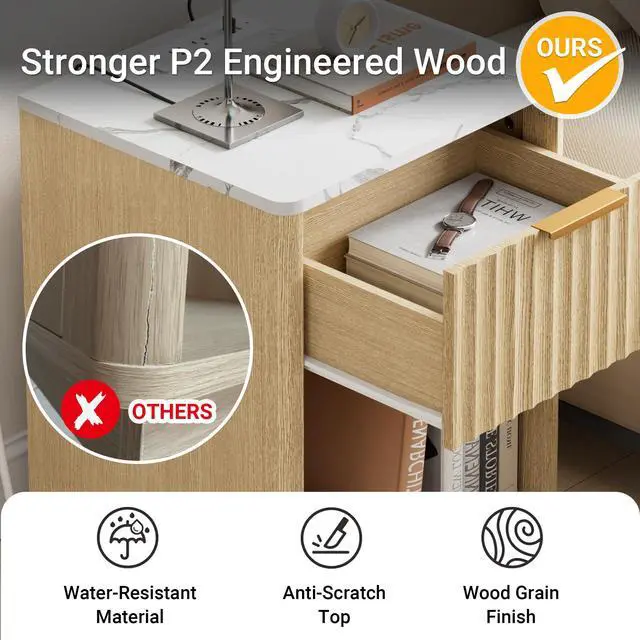 Alt view image 6 of 7 - Fluted Nightstand, Modern Night Stand, Nightstand with Charging Station and Faux Marble Top, Wood End Table w/Storage, Bedside Table for Bedroom Sofa Home Office, Curved Corners,Natural Oak