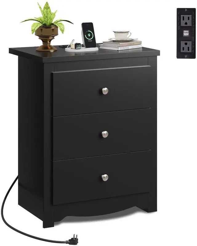 Main image of Tall Nightstand with Charging Station, Wood Night Stand with 3 Drawers Storage, Bedside Table End Side Tables with 2 USB Ports and Outlets for Bedroom, Closet, Black