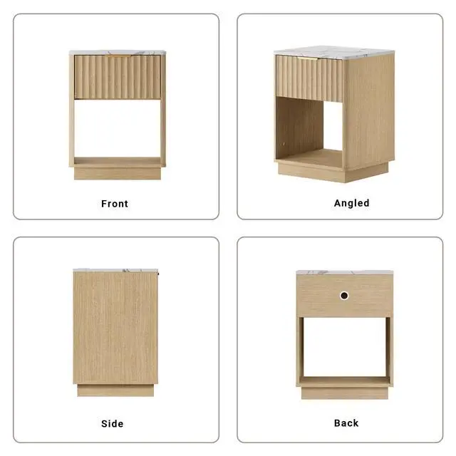 Alt view image 7 of 7 - Fluted Nightstand, Modern Night Stand, Nightstand with Charging Station and Faux Marble Top, Wood End Table w/Storage, Bedside Table for Bedroom Sofa Home Office, Curved Corners,Natural Oak