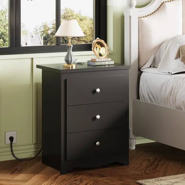 Alt view image 2 of 7 - Tall Nightstand with Charging Station, Wood Night Stand with 3 Drawers Storage, Bedside Table End Side Tables with 2 USB Ports and Outlets for Bedroom, Closet, Black