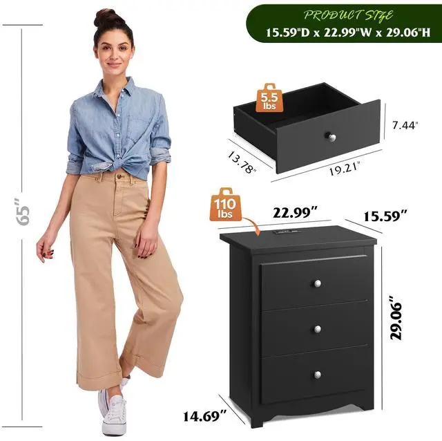 Alt view image 3 of 7 - Tall Nightstand with Charging Station, Wood Night Stand with 3 Drawers Storage, Bedside Table End Side Tables with 2 USB Ports and Outlets for Bedroom, Closet, Black