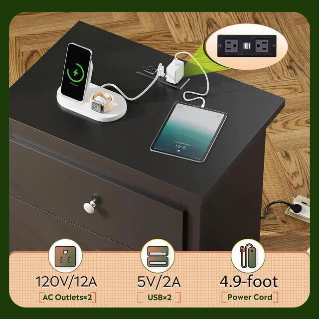 Alt view image 4 of 7 - Tall Nightstand with Charging Station, Wood Night Stand with 3 Drawers Storage, Bedside Table End Side Tables with 2 USB Ports and Outlets for Bedroom, Closet, Black