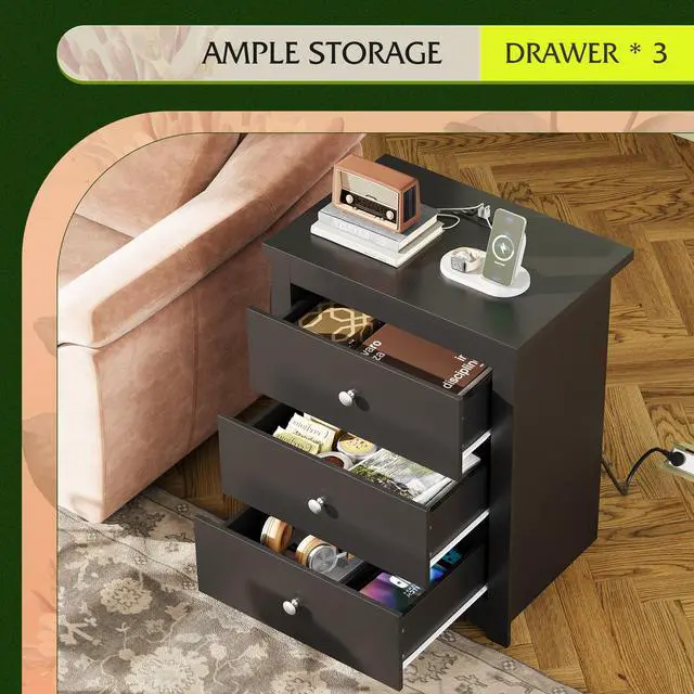 Alt view image 5 of 7 - Tall Nightstand with Charging Station, Wood Night Stand with 3 Drawers Storage, Bedside Table End Side Tables with 2 USB Ports and Outlets for Bedroom, Closet, Black