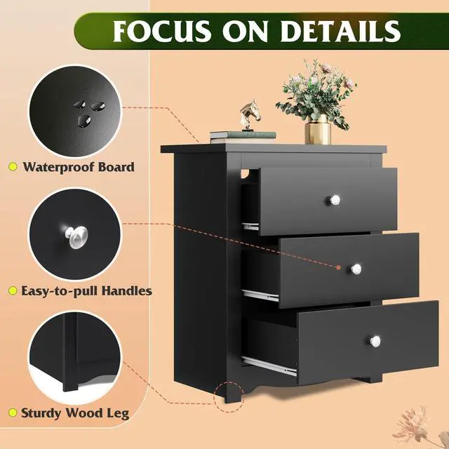 Alt view image 6 of 7 - Tall Nightstand with Charging Station, Wood Night Stand with 3 Drawers Storage, Bedside Table End Side Tables with 2 USB Ports and Outlets for Bedroom, Closet, Black