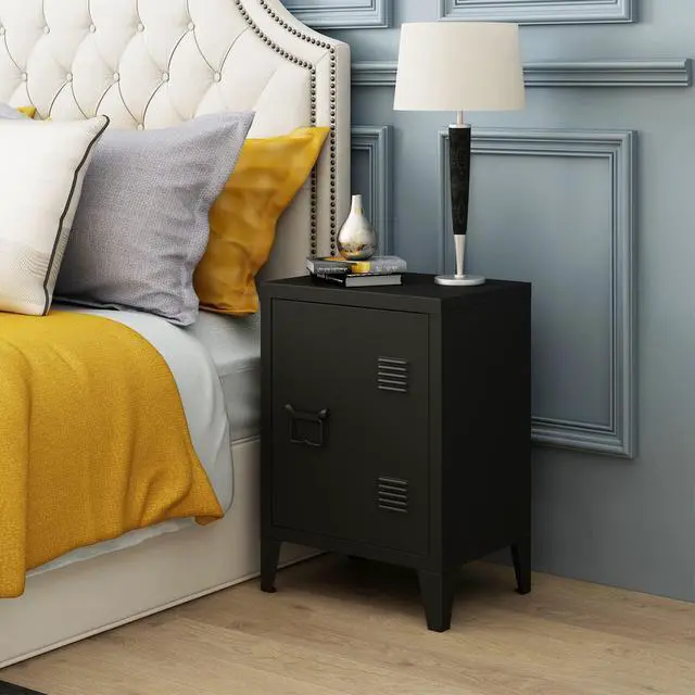 Alt view image 3 of 7 - Metal Nightstand Modern End Side Table Steel Bedside Storage Cabinet with Shelf Easy Assembly for Living Room Bedroom