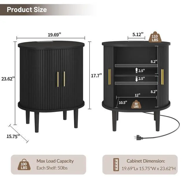 Alt view image 4 of 7 - Mid Century Modern Nightstand with Charging Station, Fluted Accent Side Table with Sliding Door & Adjustable Shelf, End Table for Small Space, Living Room, Bedroom,Sofa Couch (1, Black)
