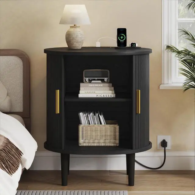 Alt view image 2 of 7 - Mid Century Modern Nightstand with Charging Station, Fluted Accent Side Table with Sliding Door & Adjustable Shelf, End Table for Small Space, Living Room, Bedroom,Sofa Couch (1, Black)