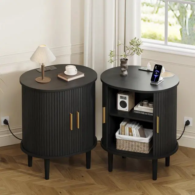 Alt view image 3 of 7 - Mid Century Modern Nightstand with Charging Station, Fluted Accent Side Table with Sliding Door & Adjustable Shelf, End Table for Small Space, Living Room, Bedroom,Sofa Couch (1, Black)
