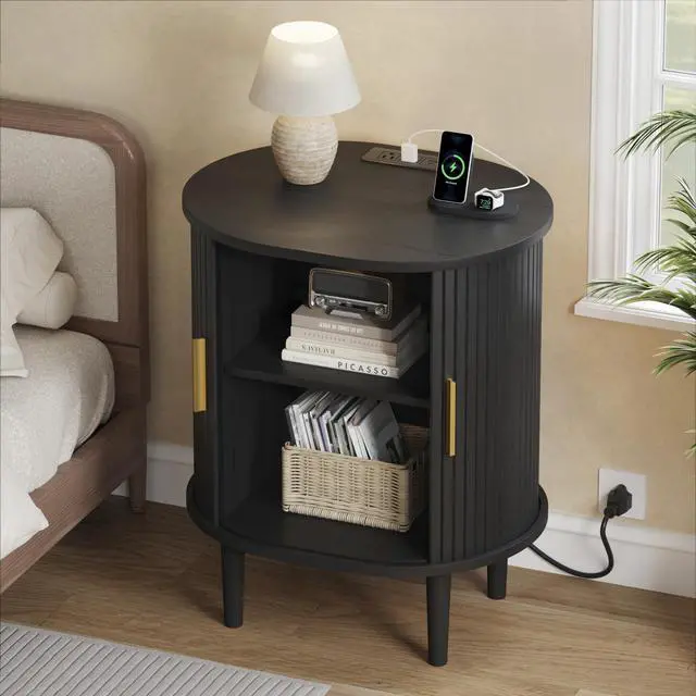 Main image of Mid Century Modern Nightstand with Charging Station, Fluted Accent Side Table with Sliding Door & Adjustable Shelf, End Table for Small Space, Living Room, Bedroom,Sofa Couch (1, Black)