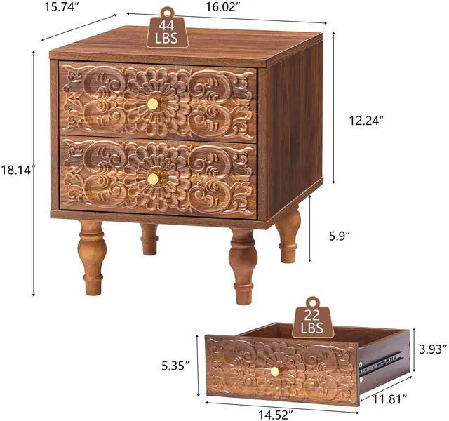 Alt view image 2 of 7 - Nightstand, Farmhouse Bedside Table with 2 Drawers and Metal Handles, Wood Sofa Side Table End Table Accent Dresser for Bedroom, Living Room (Walnut) (15.75 x 16.02 x 18.15 Inch)