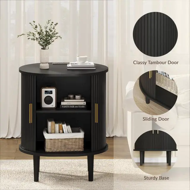 Alt view image 6 of 7 - Mid Century Modern Nightstand with Charging Station, Fluted Accent Side Table with Sliding Door & Adjustable Shelf, End Table for Small Space, Living Room, Bedroom,Sofa Couch (1, Black)