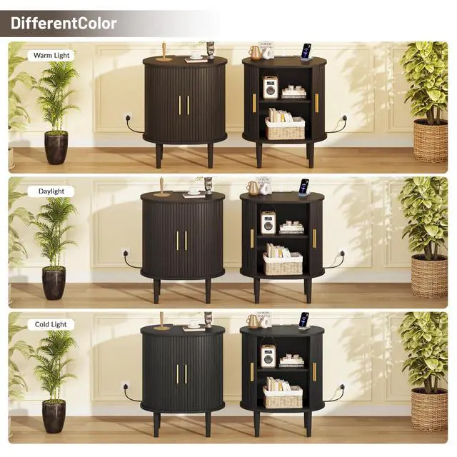 Alt view image 7 of 7 - Mid Century Modern Nightstand with Charging Station, Fluted Accent Side Table with Sliding Door & Adjustable Shelf, End Table for Small Space, Living Room, Bedroom,Sofa Couch (1, Black)