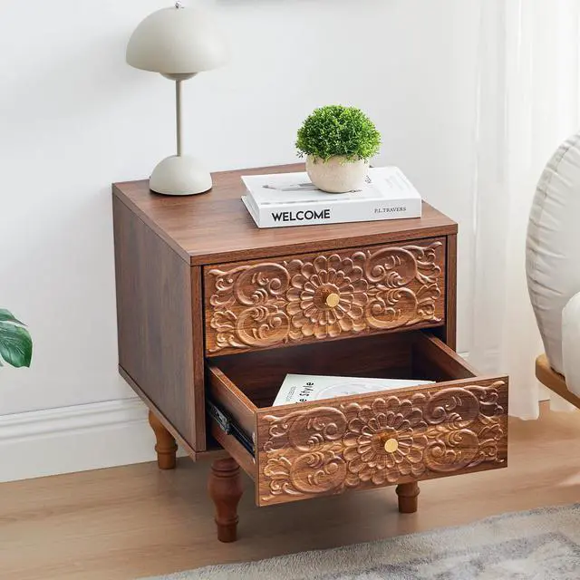 Alt view image 4 of 7 - Nightstand, Farmhouse Bedside Table with 2 Drawers and Metal Handles, Wood Sofa Side Table End Table Accent Dresser for Bedroom, Living Room (Walnut) (15.75 x 16.02 x 18.15 Inch)