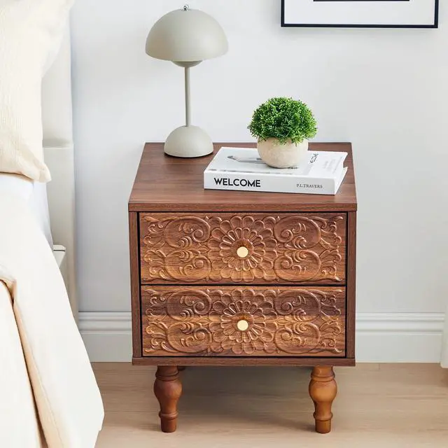 Alt view image 5 of 7 - Nightstand, Farmhouse Bedside Table with 2 Drawers and Metal Handles, Wood Sofa Side Table End Table Accent Dresser for Bedroom, Living Room (Walnut) (15.75 x 16.02 x 18.15 Inch)