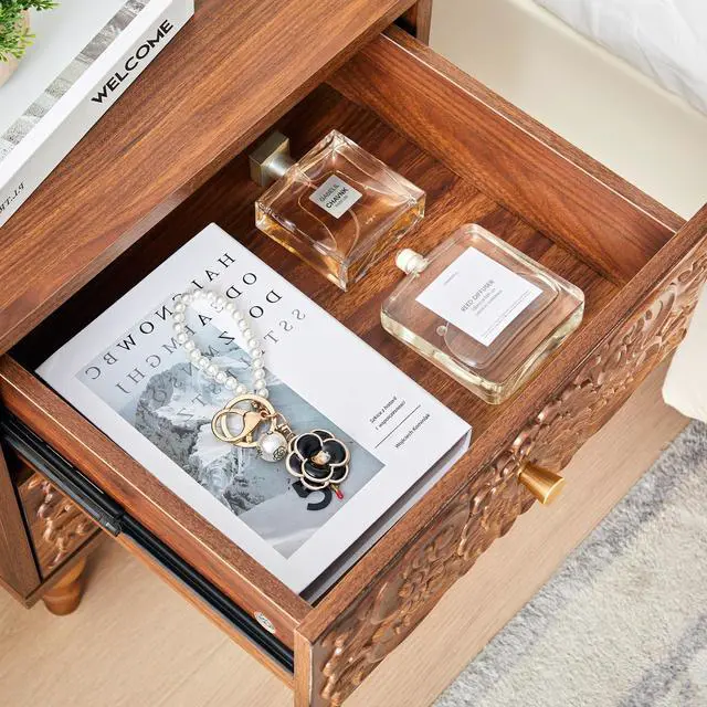 Alt view image 6 of 7 - Nightstand, Farmhouse Bedside Table with 2 Drawers and Metal Handles, Wood Sofa Side Table End Table Accent Dresser for Bedroom, Living Room (Walnut) (15.75 x 16.02 x 18.15 Inch)