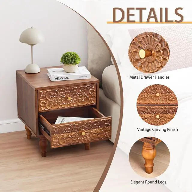 Alt view image 7 of 7 - Nightstand, Farmhouse Bedside Table with 2 Drawers and Metal Handles, Wood Sofa Side Table End Table Accent Dresser for Bedroom, Living Room (Walnut) (15.75 x 16.02 x 18.15 Inch)