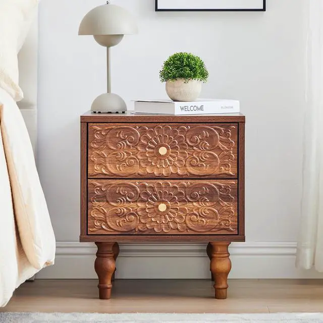 Alt view image 3 of 7 - Nightstand, Farmhouse Bedside Table with 2 Drawers and Metal Handles, Wood Sofa Side Table End Table Accent Dresser for Bedroom, Living Room (Walnut) (15.75 x 16.02 x 18.15 Inch)