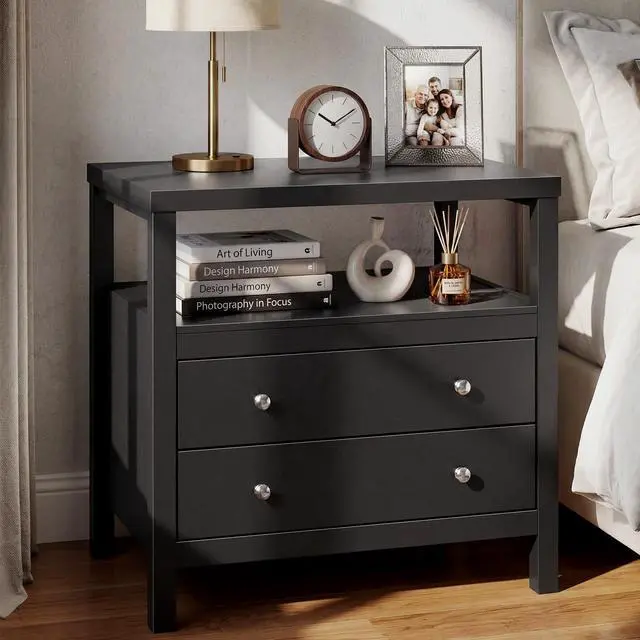 Main image of 28 Inch Wide Night Stand, Black Nightstand with Open Shelf, 2 Drawers Bedside Table Storage End Tables for Bedroom Study Office, Modern Solid Wood Dresser with Zinnc Alloy Pulls