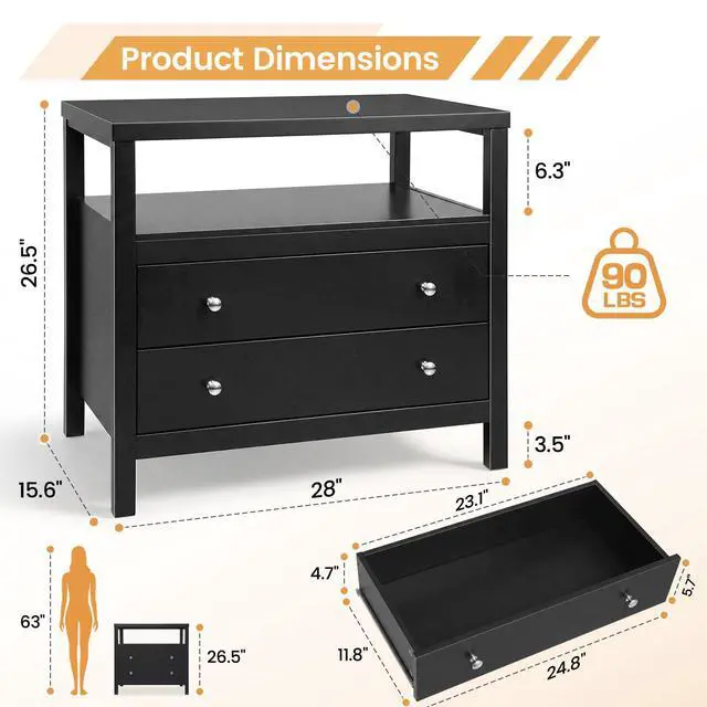 Alt view image 2 of 7 - 28 Inch Wide Night Stand, Black Nightstand with Open Shelf, 2 Drawers Bedside Table Storage End Tables for Bedroom Study Office, Modern Solid Wood Dresser with Zinnc Alloy Pulls