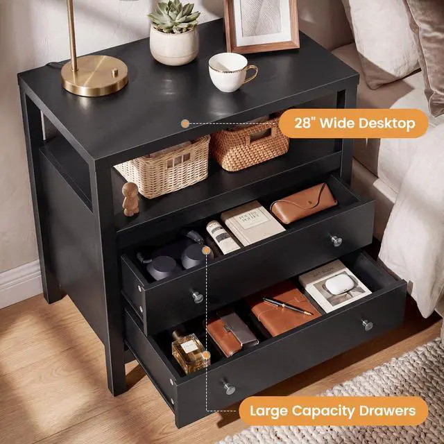 Alt view image 3 of 7 - 28 Inch Wide Night Stand, Black Nightstand with Open Shelf, 2 Drawers Bedside Table Storage End Tables for Bedroom Study Office, Modern Solid Wood Dresser with Zinnc Alloy Pulls