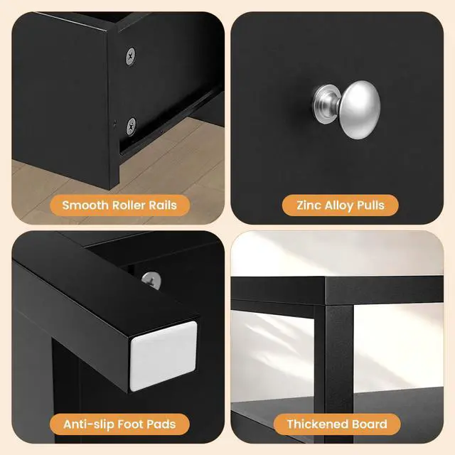 Alt view image 4 of 7 - 28 Inch Wide Night Stand, Black Nightstand with Open Shelf, 2 Drawers Bedside Table Storage End Tables for Bedroom Study Office, Modern Solid Wood Dresser with Zinnc Alloy Pulls