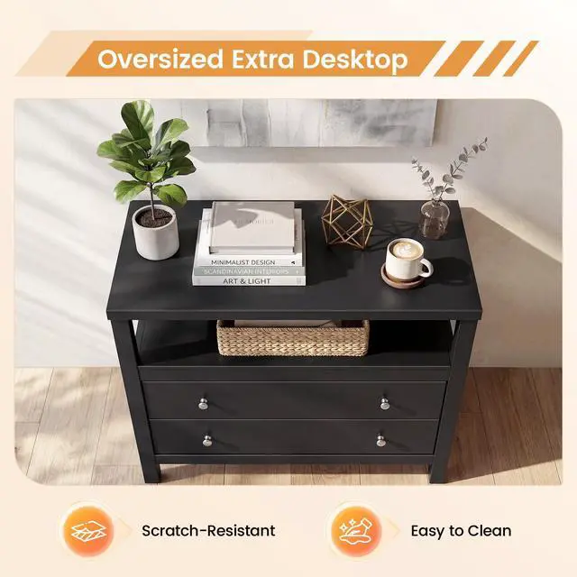 Alt view image 5 of 7 - 28 Inch Wide Night Stand, Black Nightstand with Open Shelf, 2 Drawers Bedside Table Storage End Tables for Bedroom Study Office, Modern Solid Wood Dresser with Zinnc Alloy Pulls