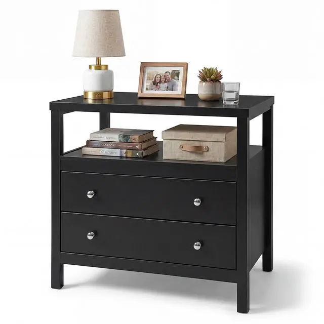 Alt view image 6 of 7 - 28 Inch Wide Night Stand, Black Nightstand with Open Shelf, 2 Drawers Bedside Table Storage End Tables for Bedroom Study Office, Modern Solid Wood Dresser with Zinnc Alloy Pulls